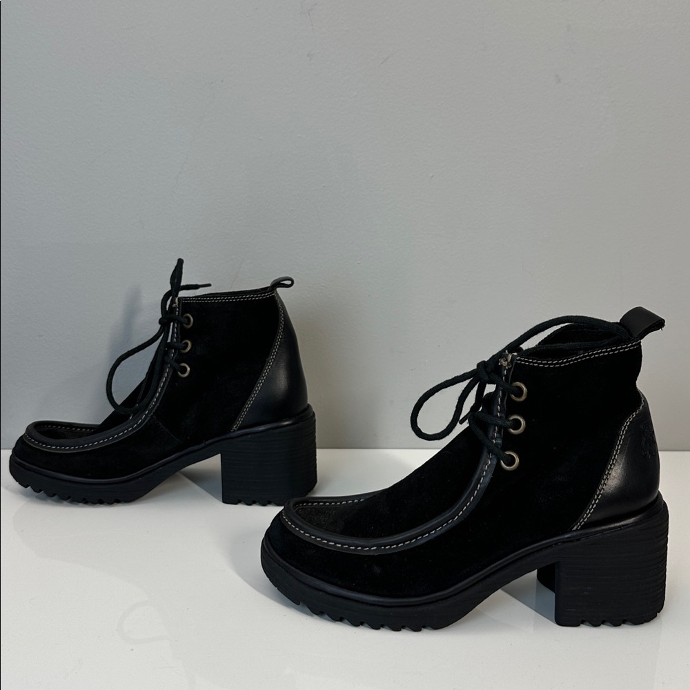 Fly London Wins Black Suede Block Heel Lace Up Ankle Boots Size 37(6.5-7) - Picture 3 of 14